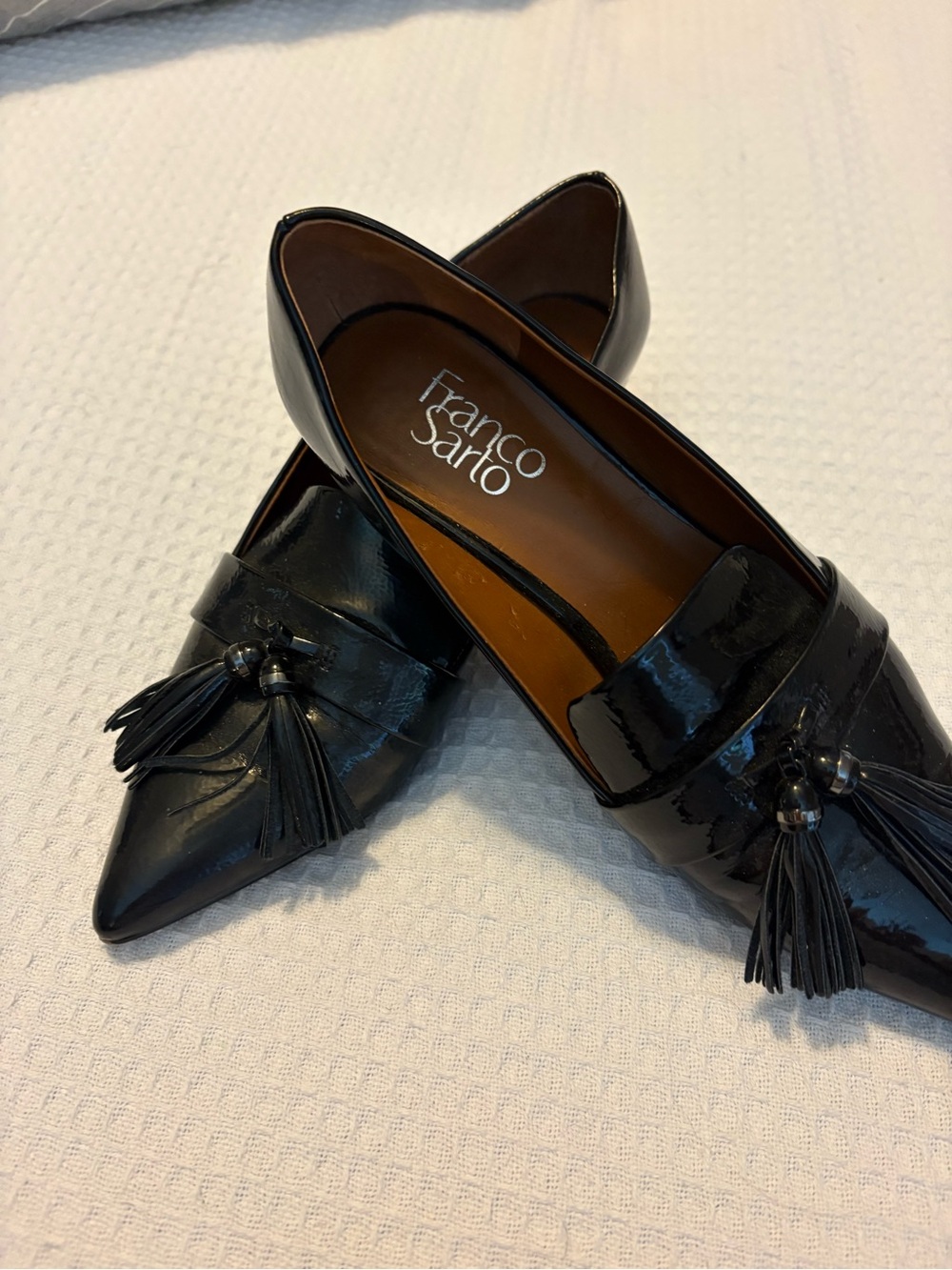 Franco Sarto Black Patent Pointed Tassel Loafers